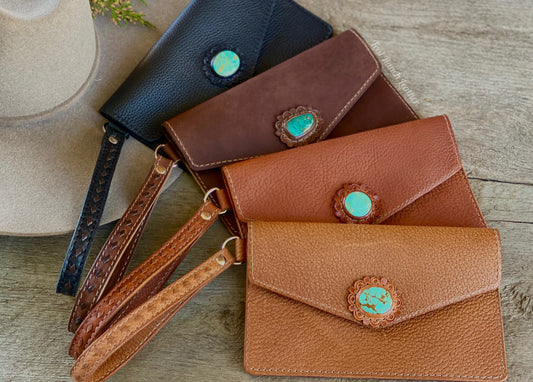 Turquoise and leather wristlet clutch