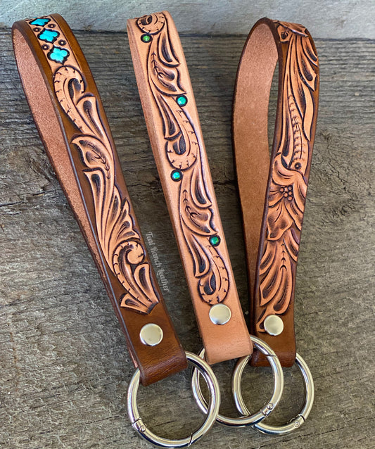 Tooled leather keychain lanyards