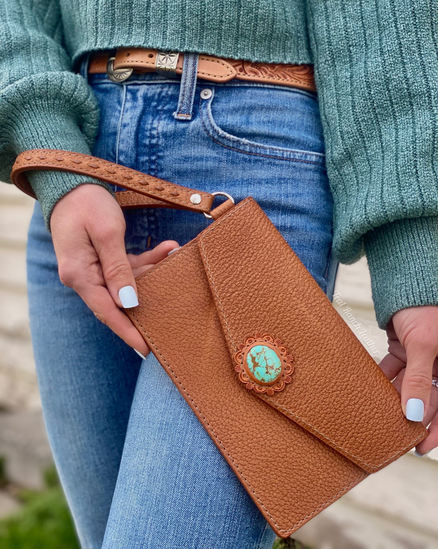 Turquoise and leather wristlet clutch