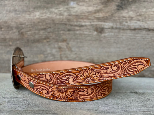 Tooled leather sunflower belt- size 32