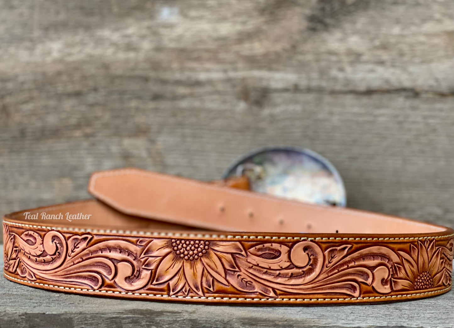 Tooled leather sunflower belt- size 32