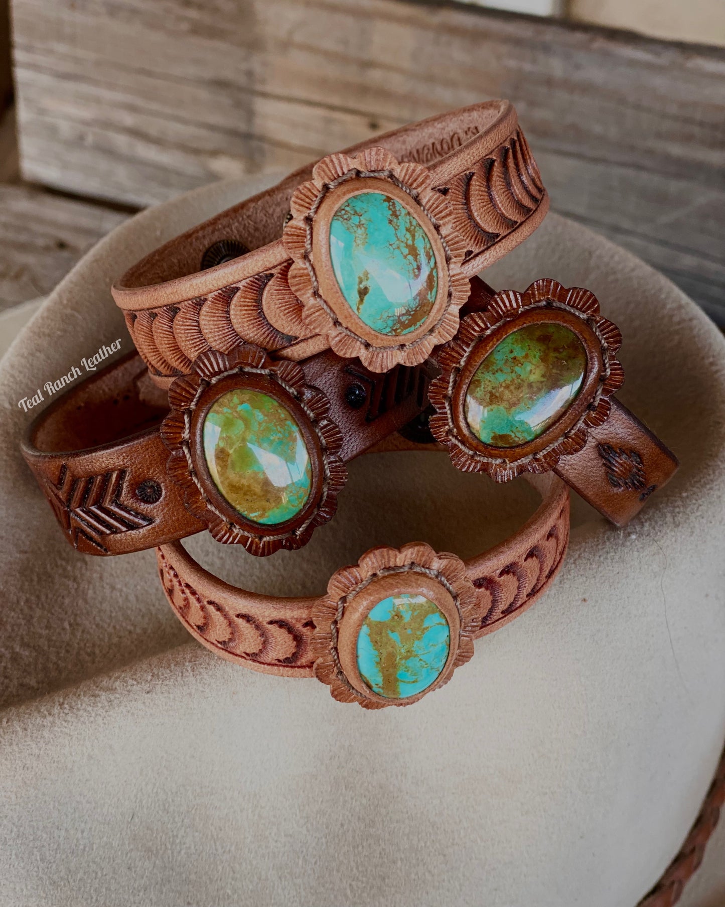 Small turquoise and leather cuffs- Tyrone turquoise