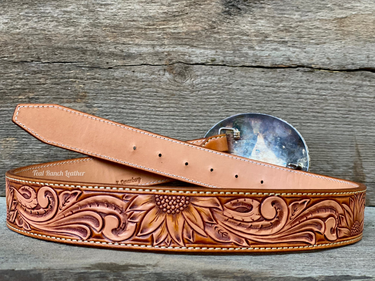 Tooled leather sunflower belt- size 32