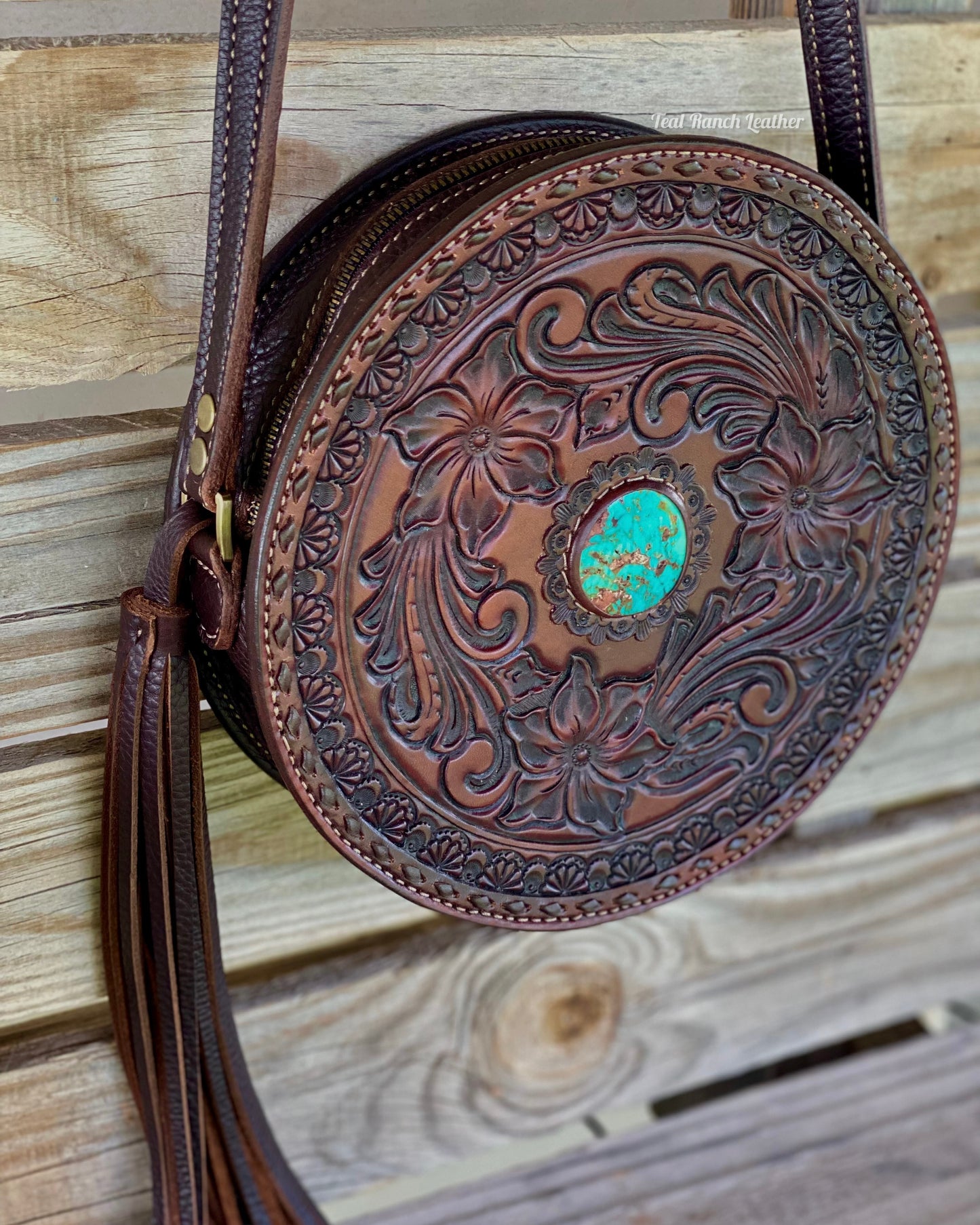 Tooled leather round purse in mahogany- Kingman turquoise