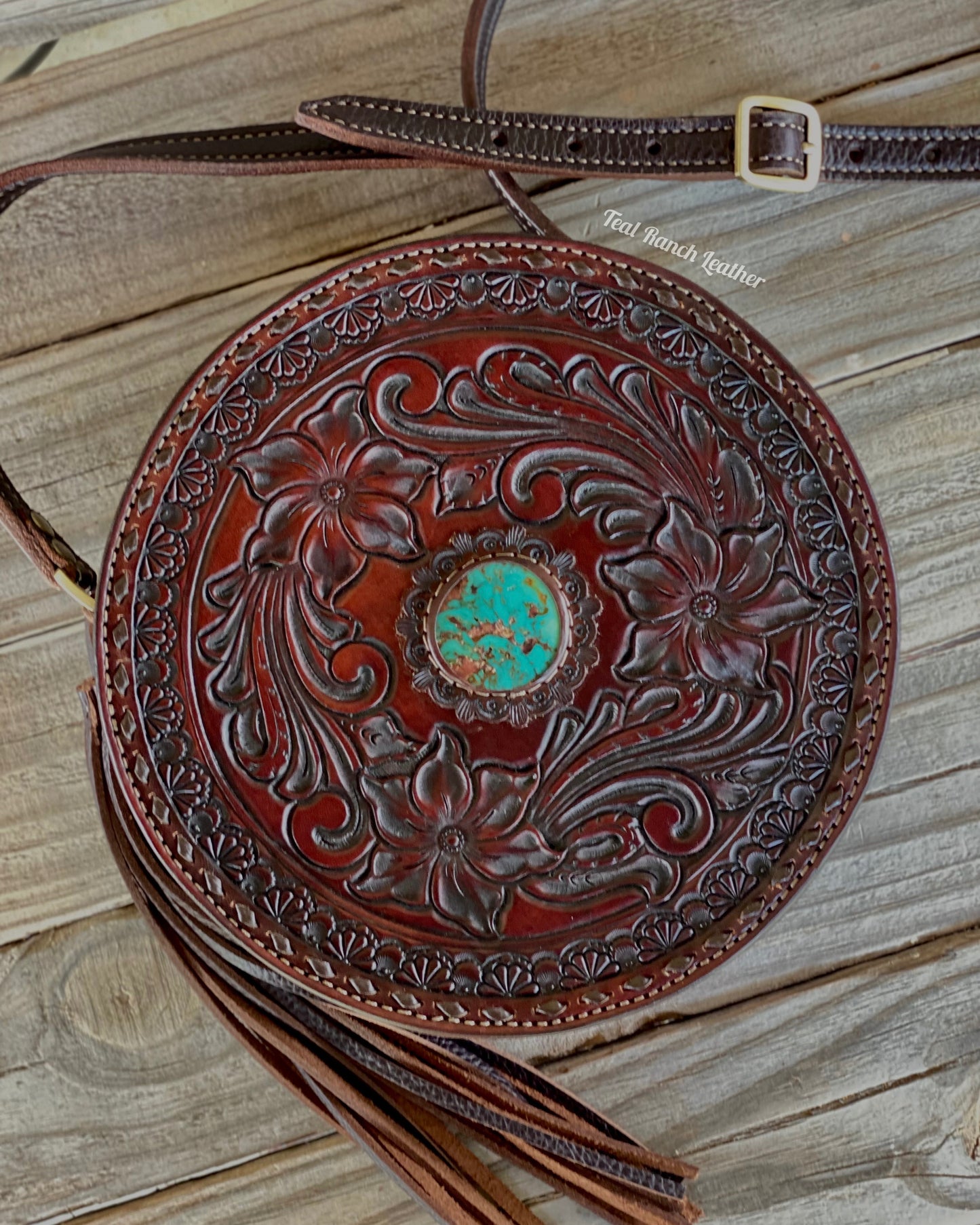 Tooled leather round purse in mahogany- Kingman turquoise