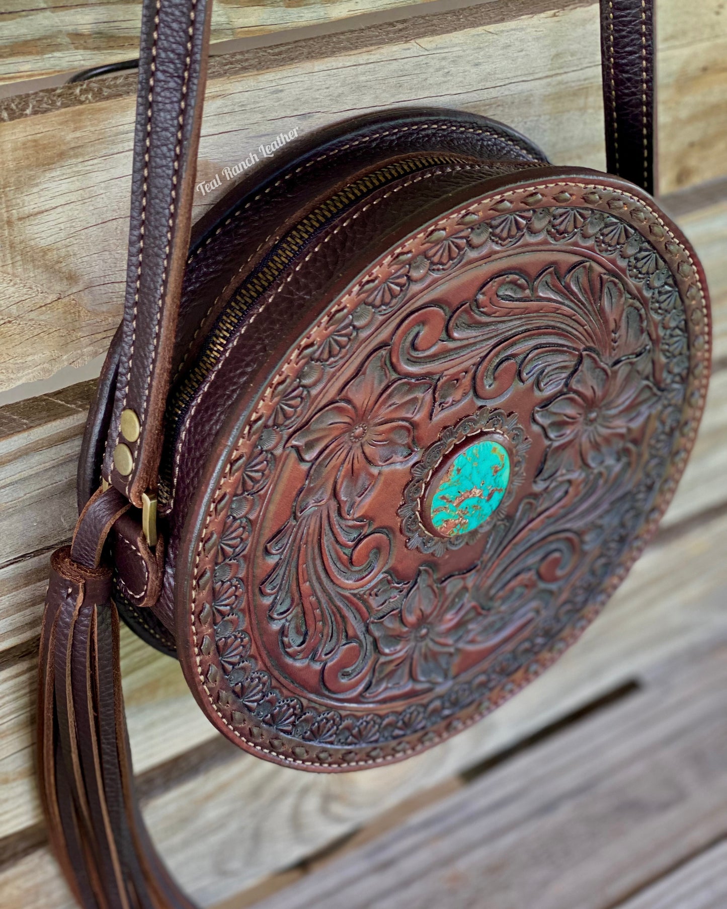 Tooled leather round purse in mahogany- Kingman turquoise