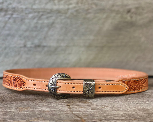 Skinny hand tooled western floral belt- made to order
