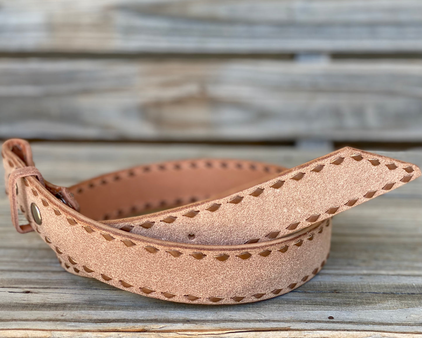 Leather rough out belt with brown buck stitch 27"