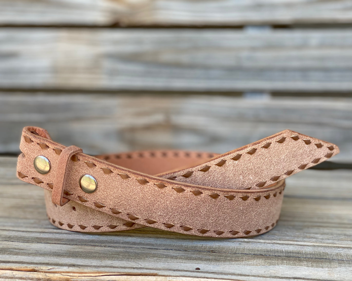 Leather rough out belt with brown buck stitch 27"
