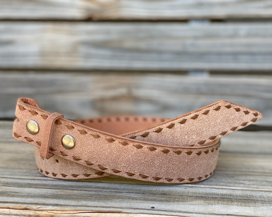 Leather rough out belt with brown buck stitch 27"