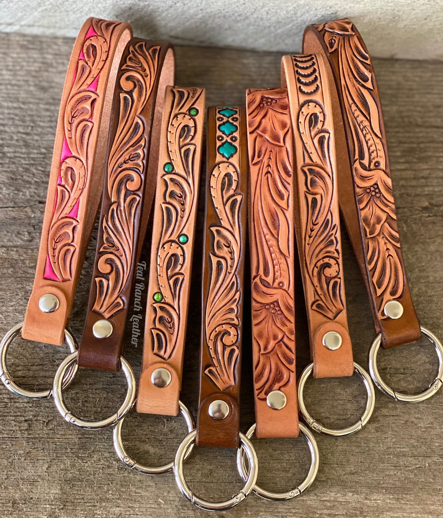 Tooled leather keychain lanyards