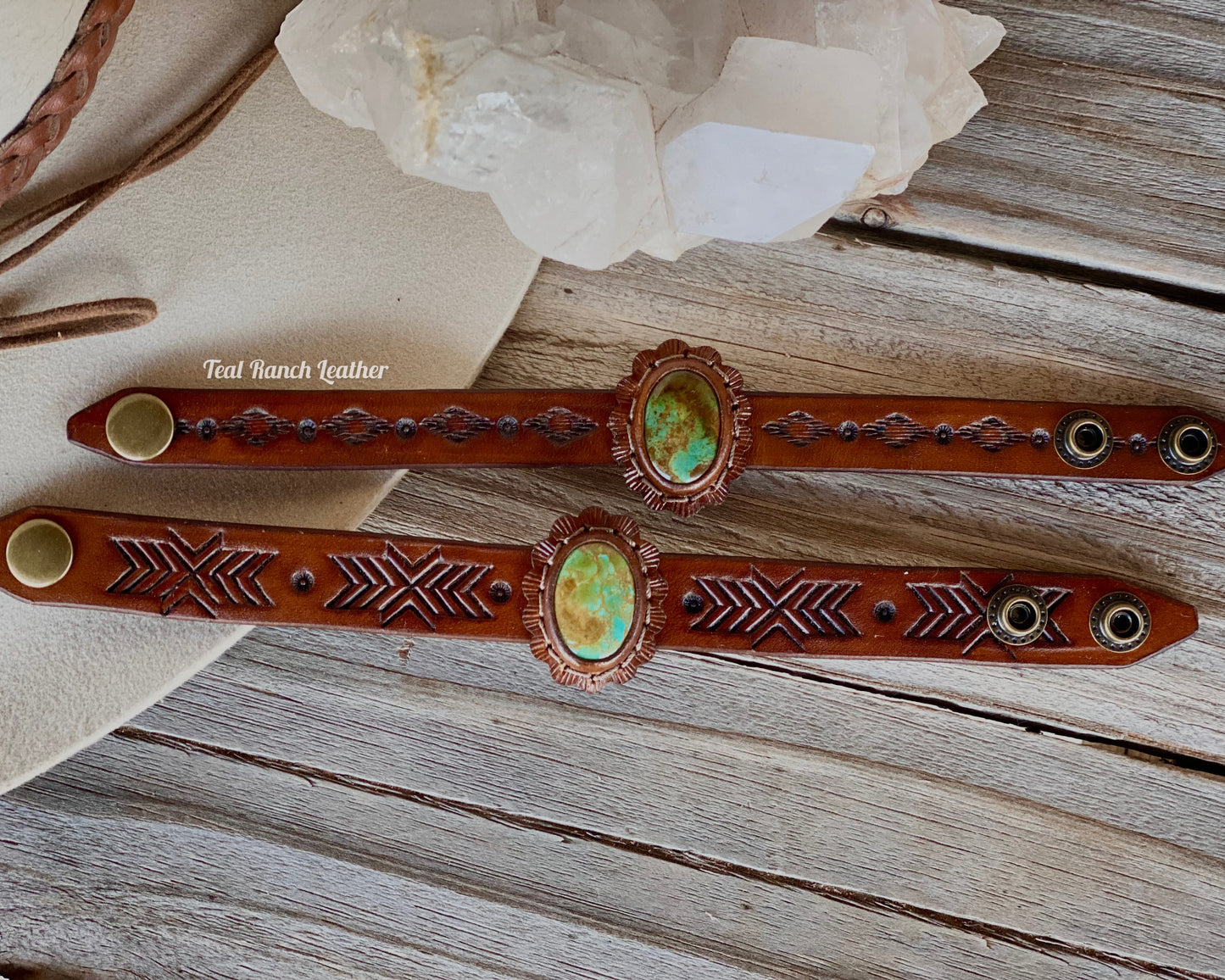 Small turquoise and leather cuffs- Tyrone turquoise