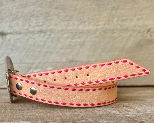 Rough out leather belt with pink buck stitch size 30"