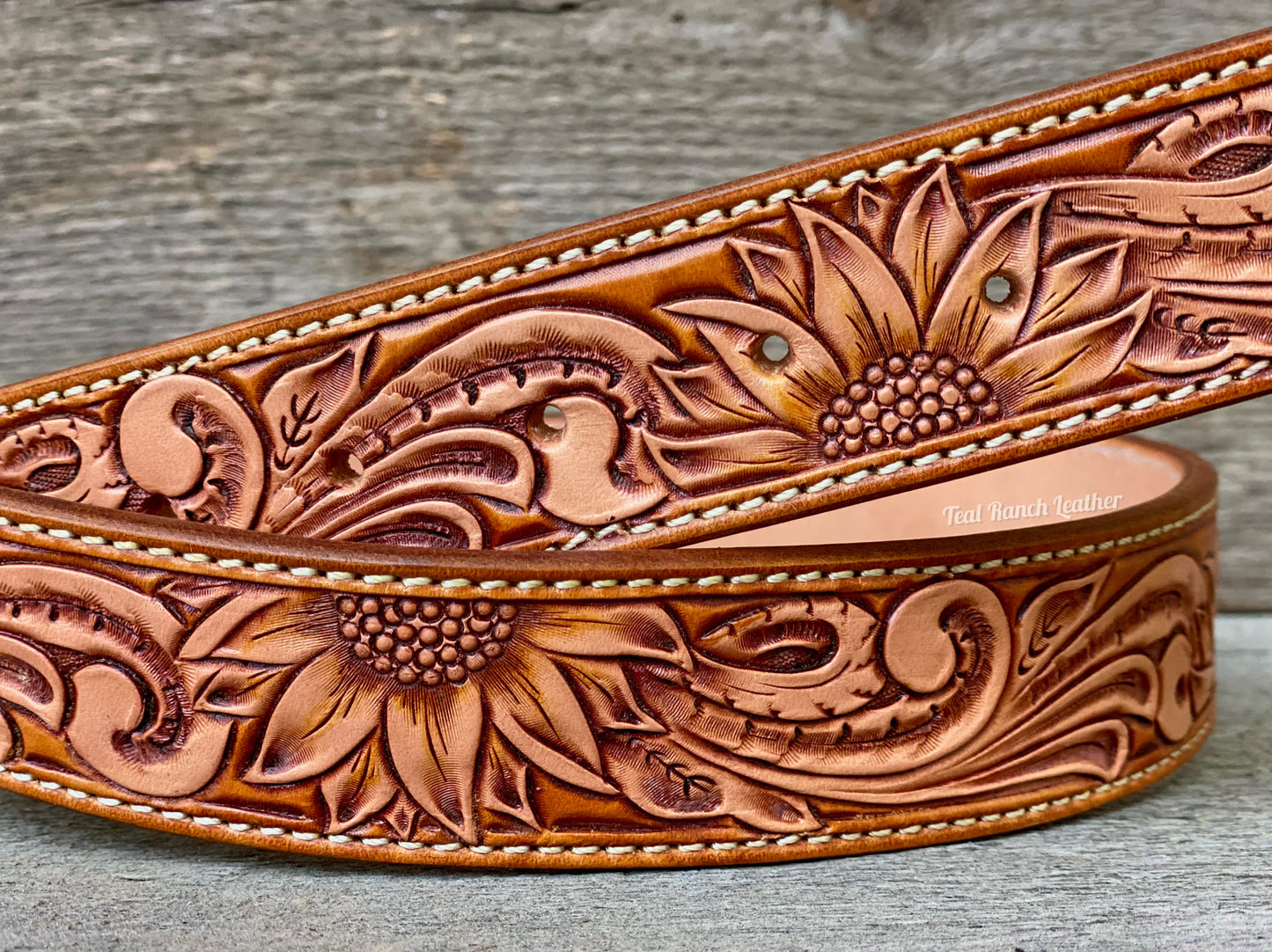 Tooled leather sunflower belt- size 32