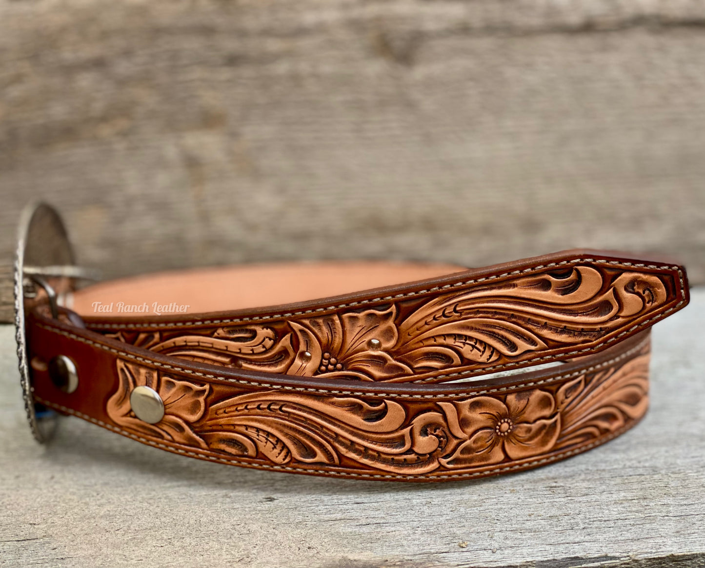 Tooled leather belt in walnut- size 29