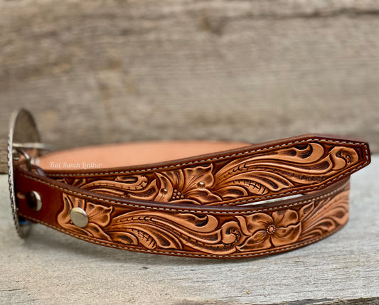 Tooled leather belt in walnut- size 29