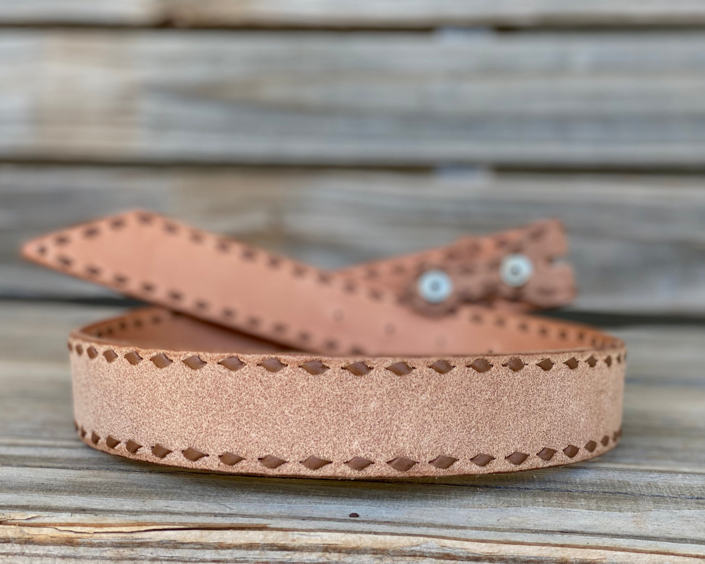 Leather rough out belt with brown buck stitch 27"