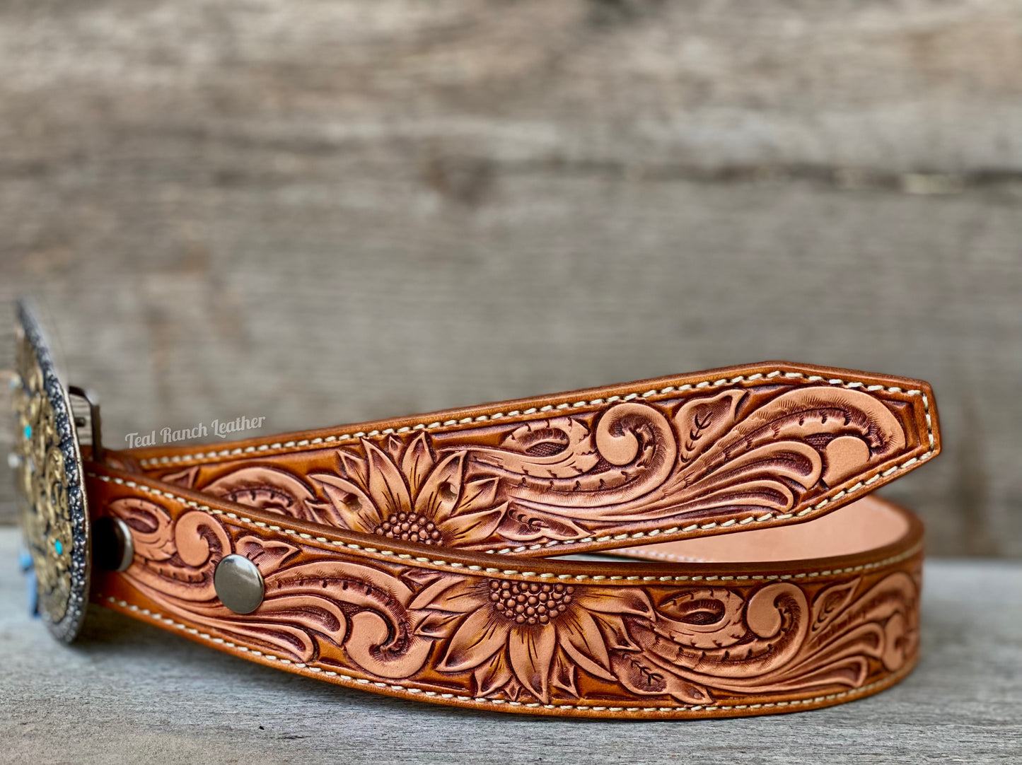 Tooled leather sunflower belt- size 32