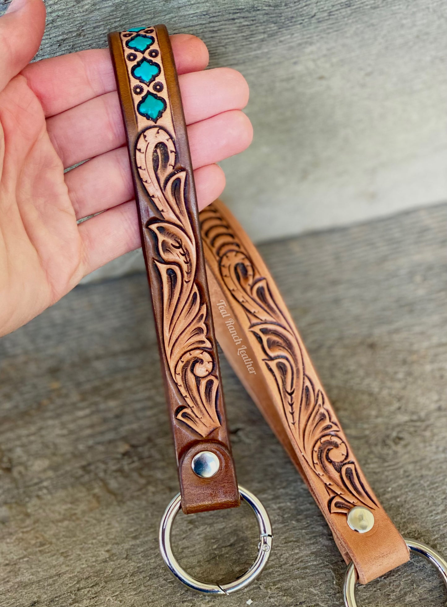 Tooled leather keychain lanyards