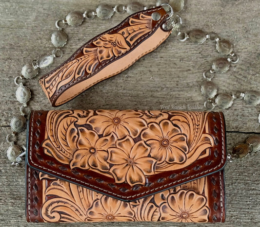 Small tooled leather cross body purse- Dark brown