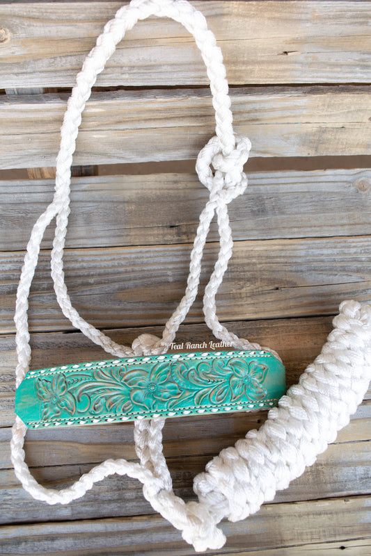 Tooled leather mule tape halter- distressed turquoise