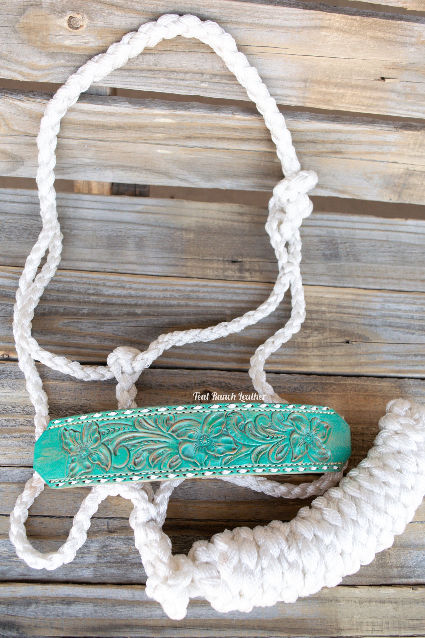 Tooled leather mule tape halter- distressed turquoise