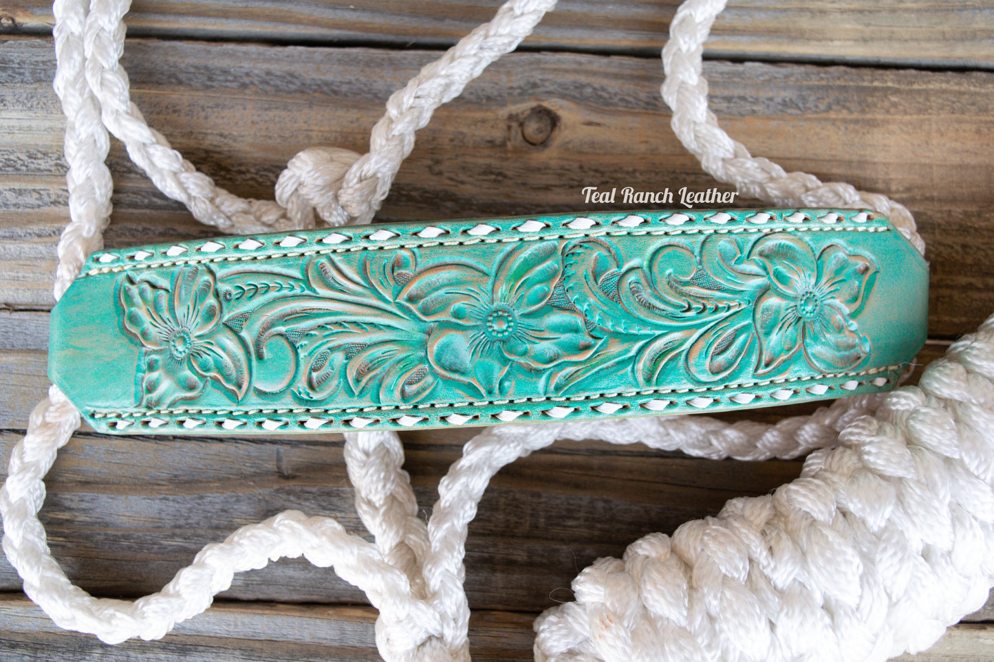 Tooled leather mule tape halter- distressed turquoise