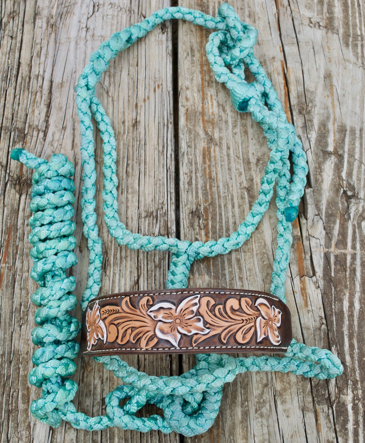 Tooled mule tape halters- light teal