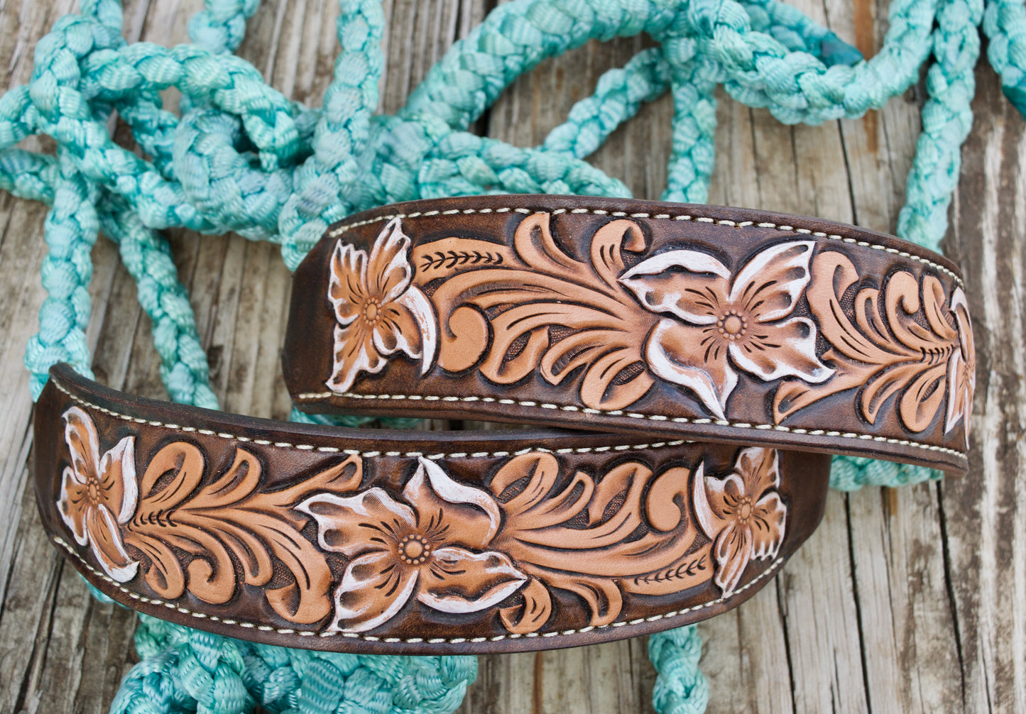Tooled mule tape halters- light teal