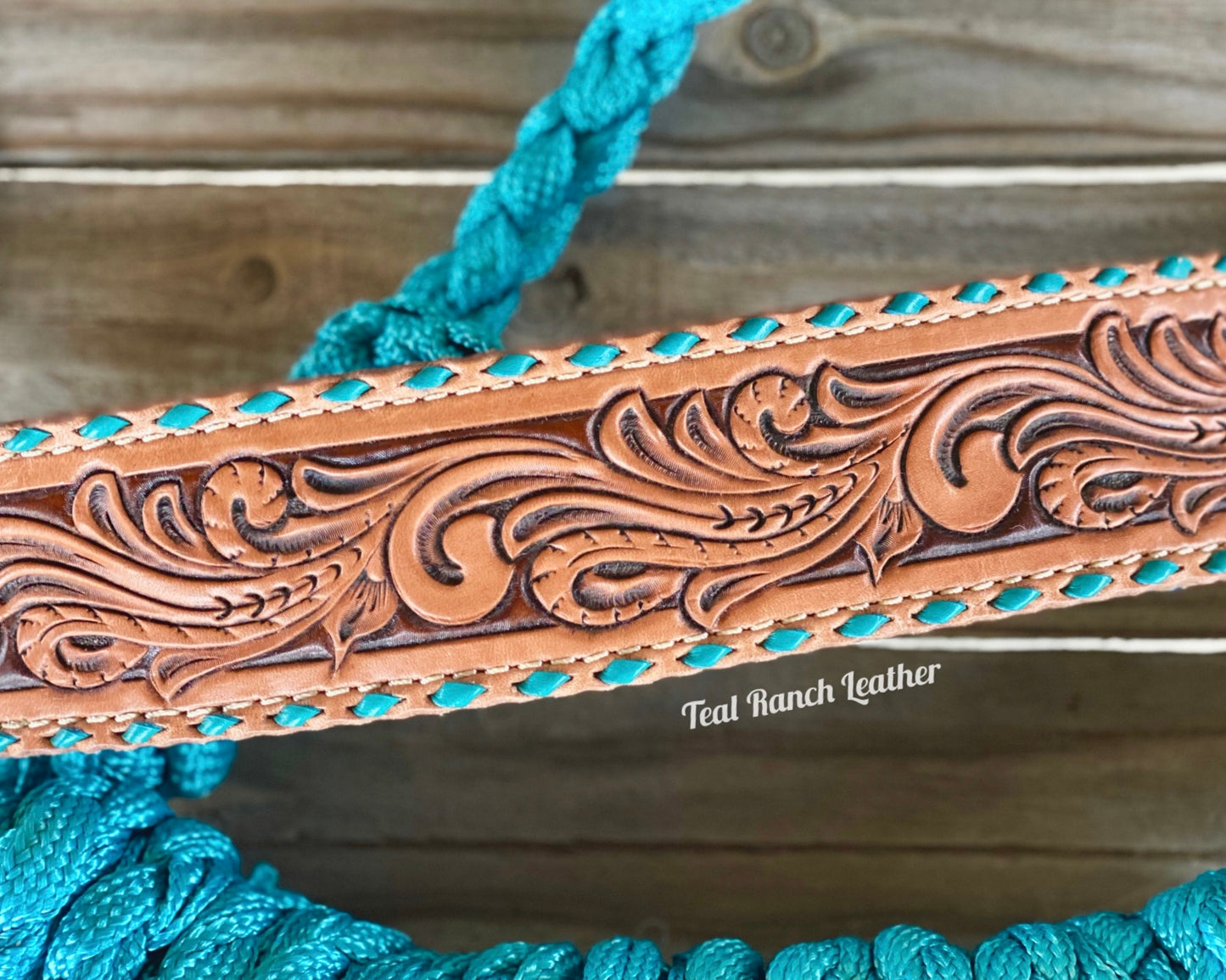 Tooled leather mule tape halter