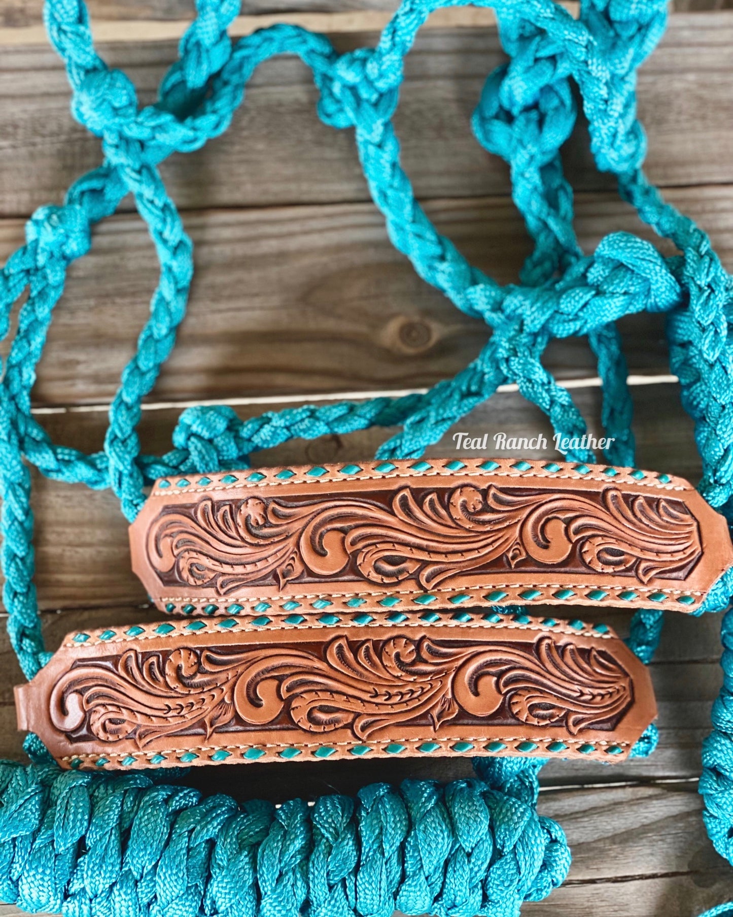 Tooled leather mule tape halter