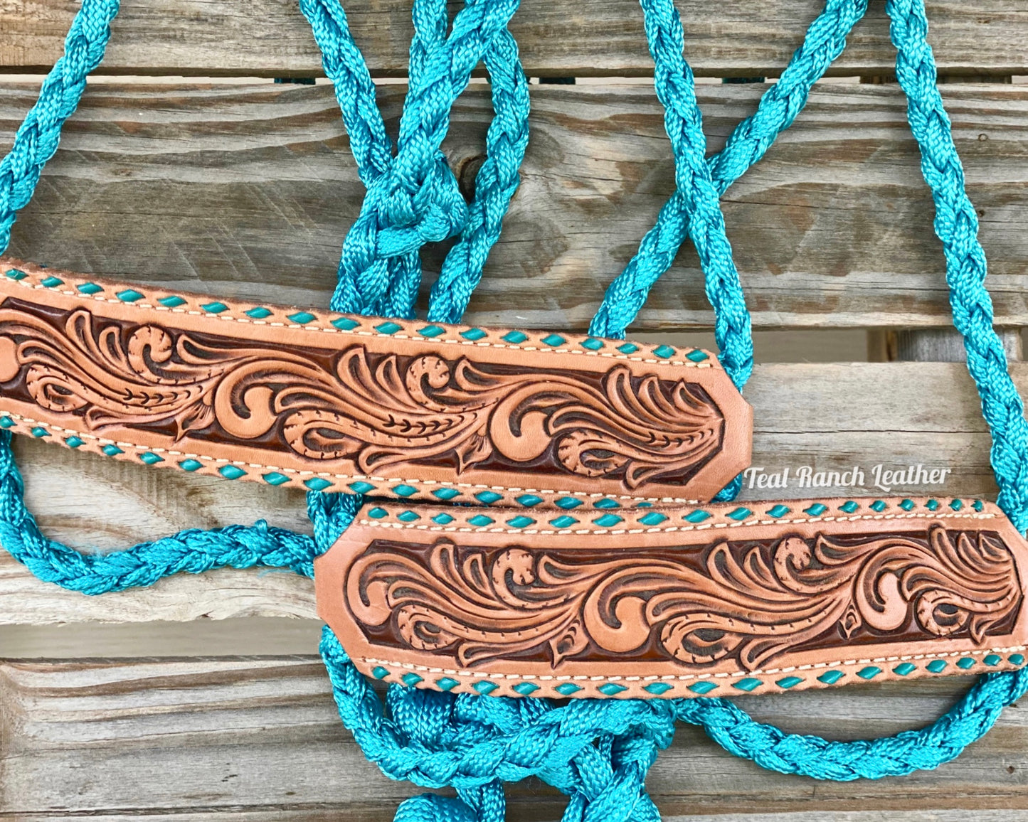 Tooled leather mule tape halter