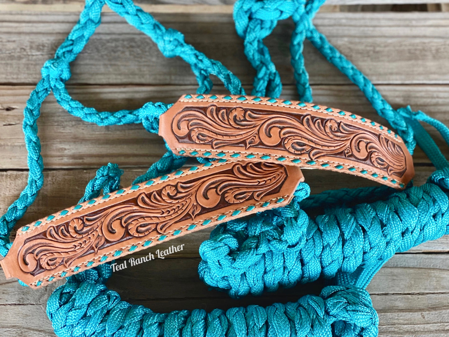 Tooled leather mule tape halter
