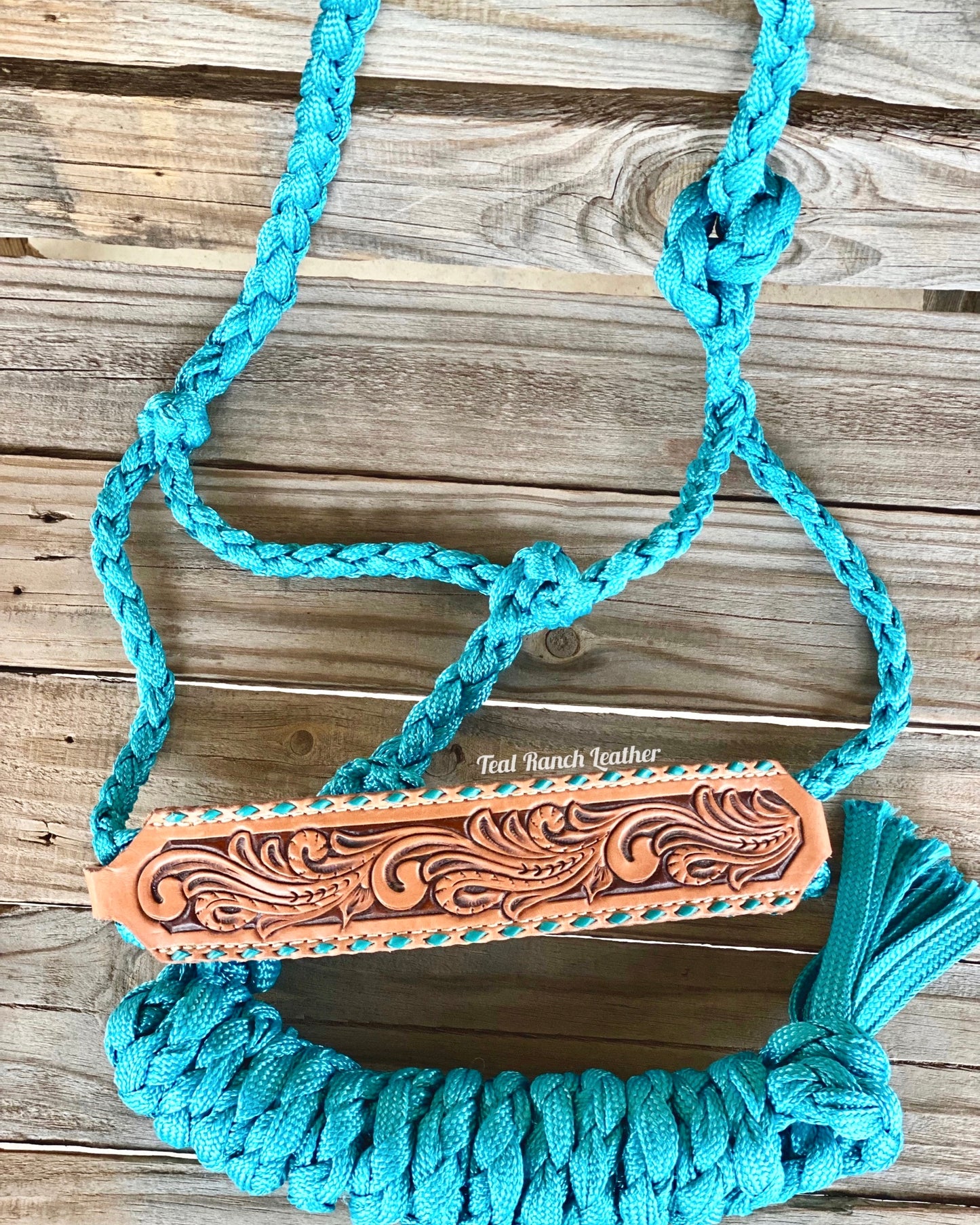 Tooled leather mule tape halter