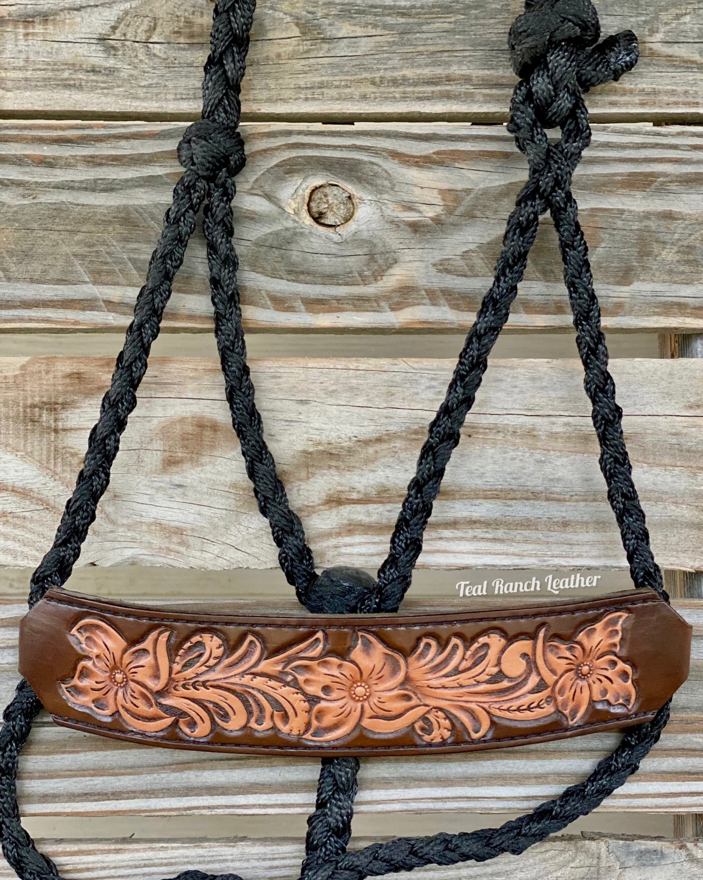 Tooled leather mule tape halter- black