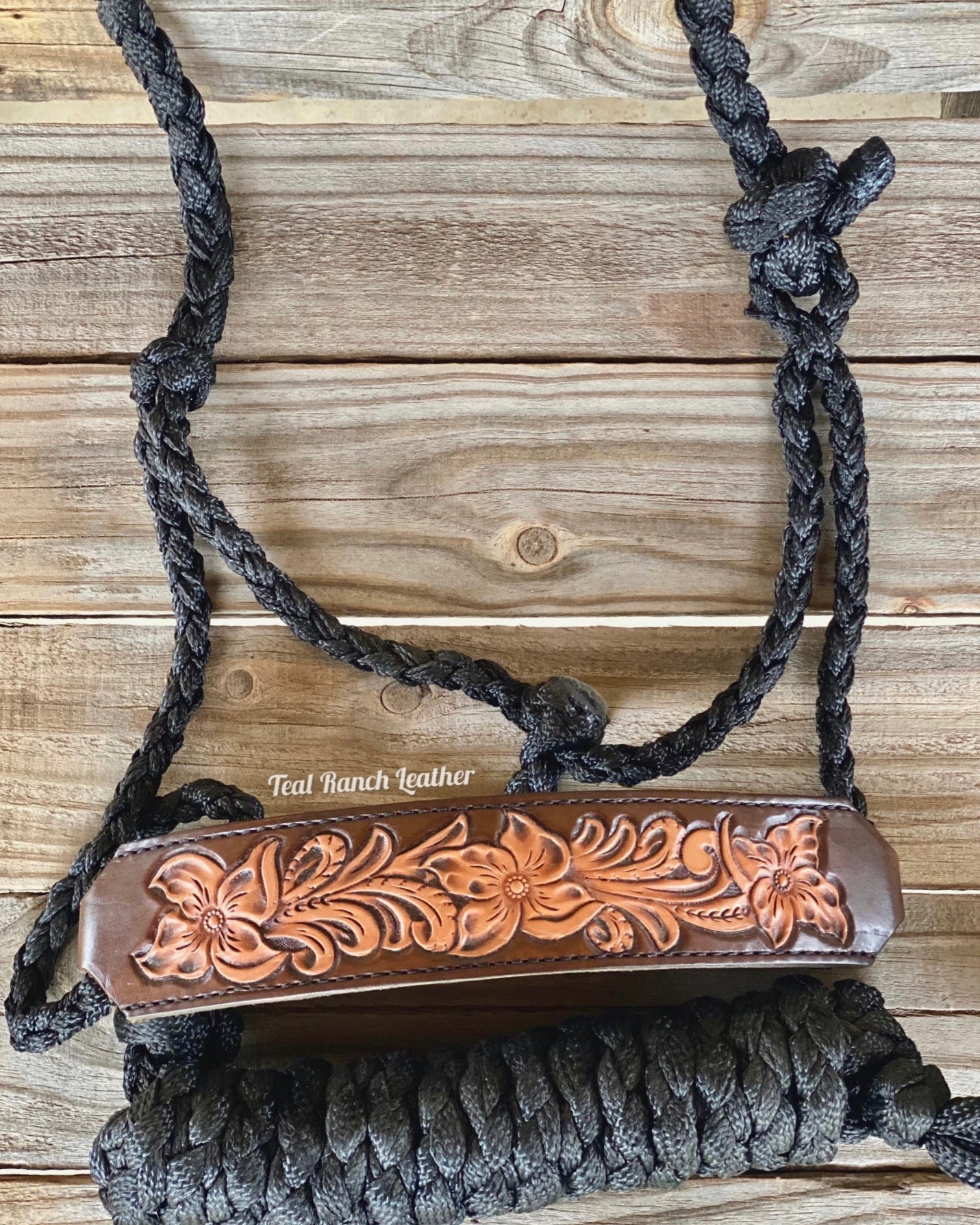 Tooled leather mule tape halter- black
