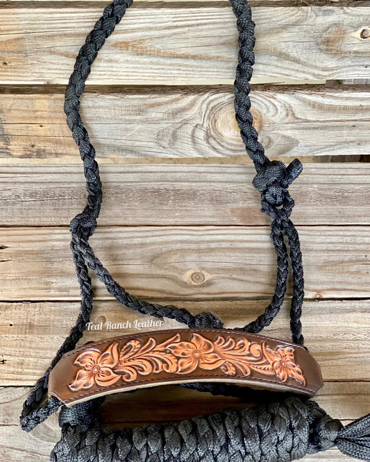 Tooled leather mule tape halter- black