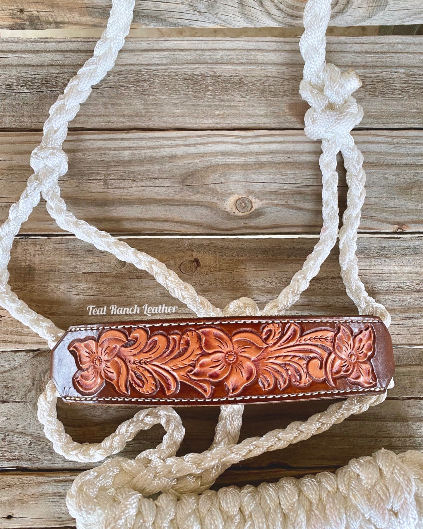 Tooled leather mule tape halter- white