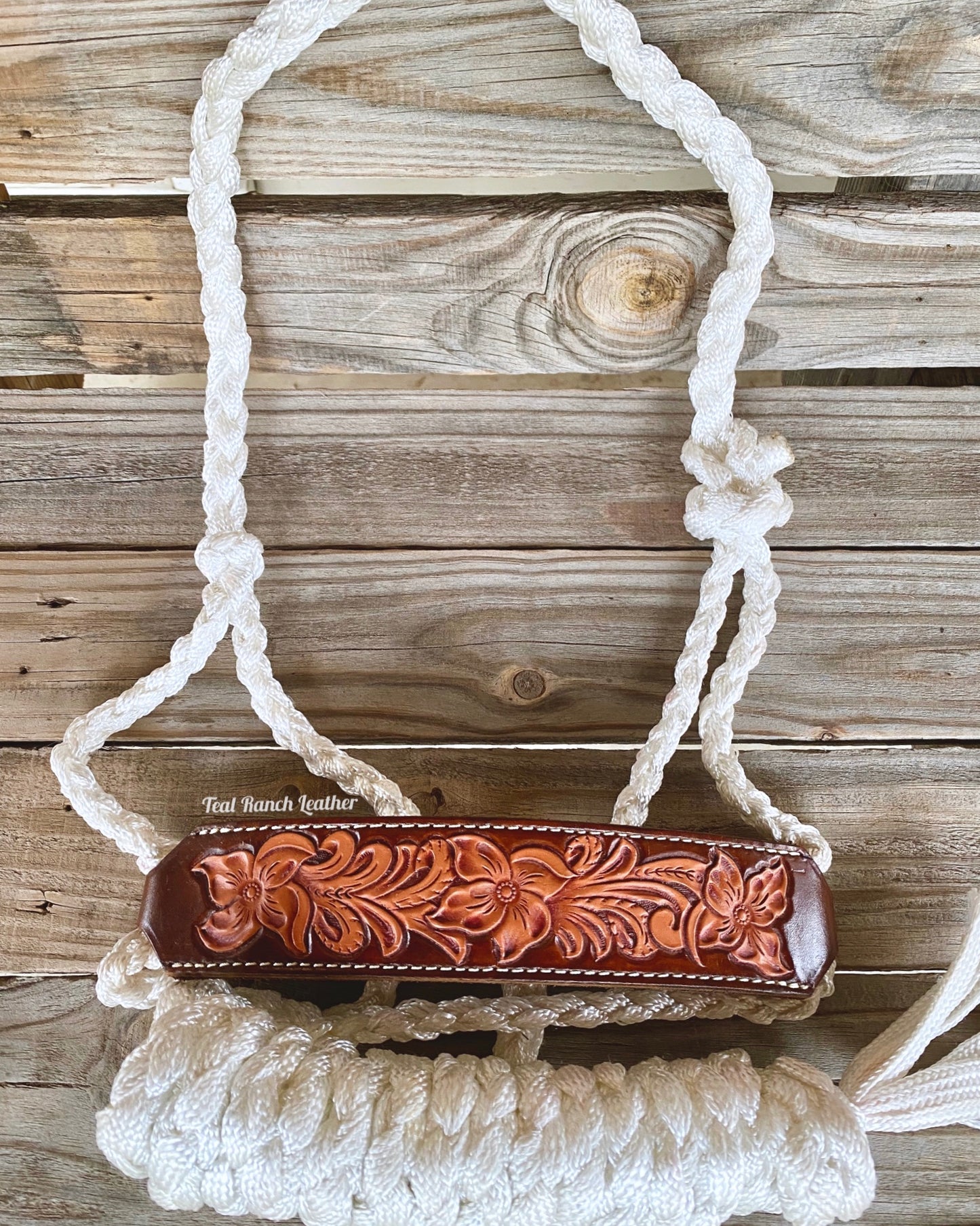 Tooled leather mule tape halter- white