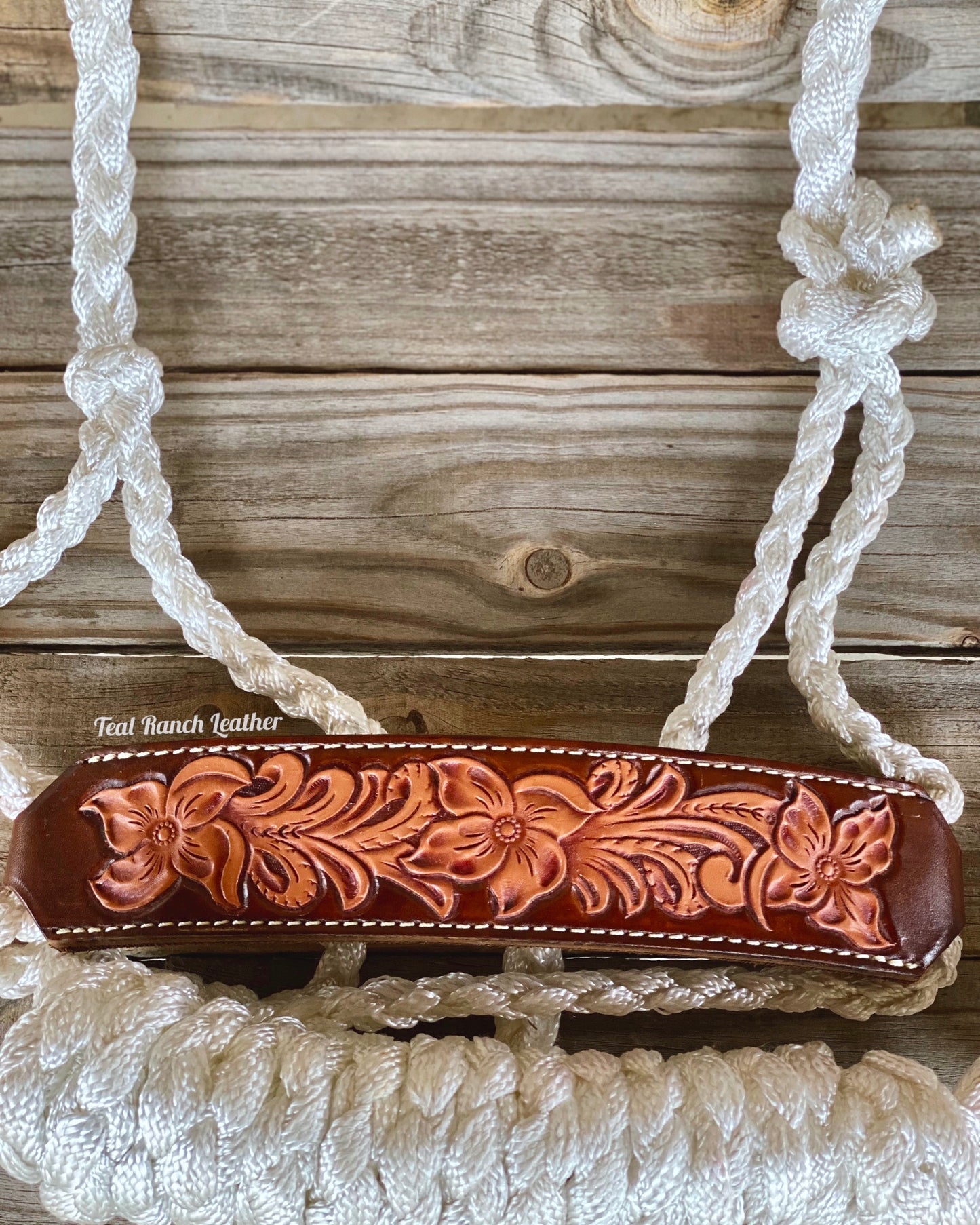 Tooled leather mule tape halter- white