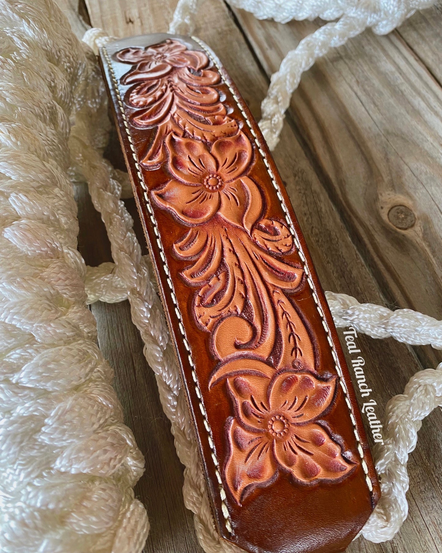 Tooled leather mule tape halter- white