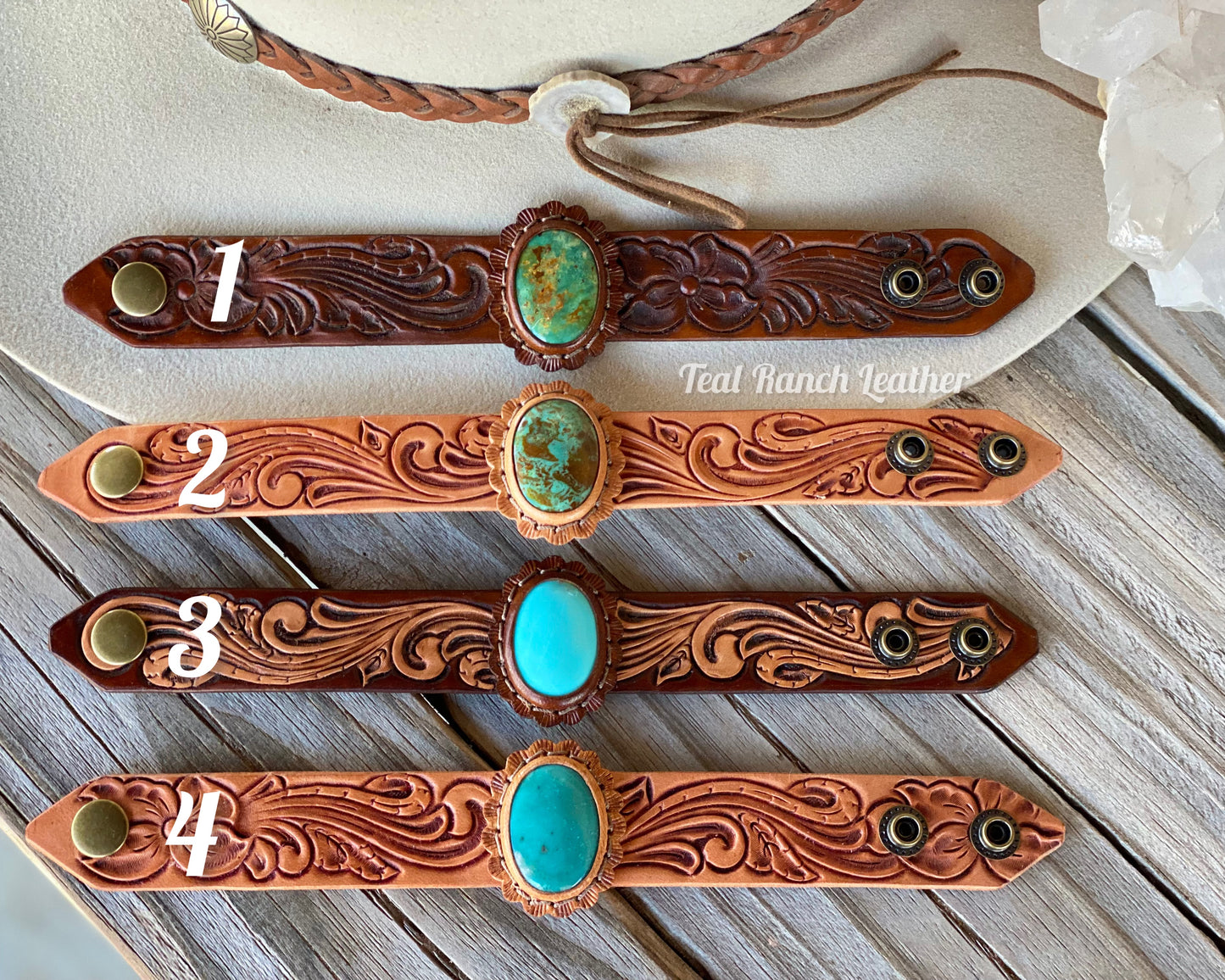 Tooled leather and turquoise cuffs