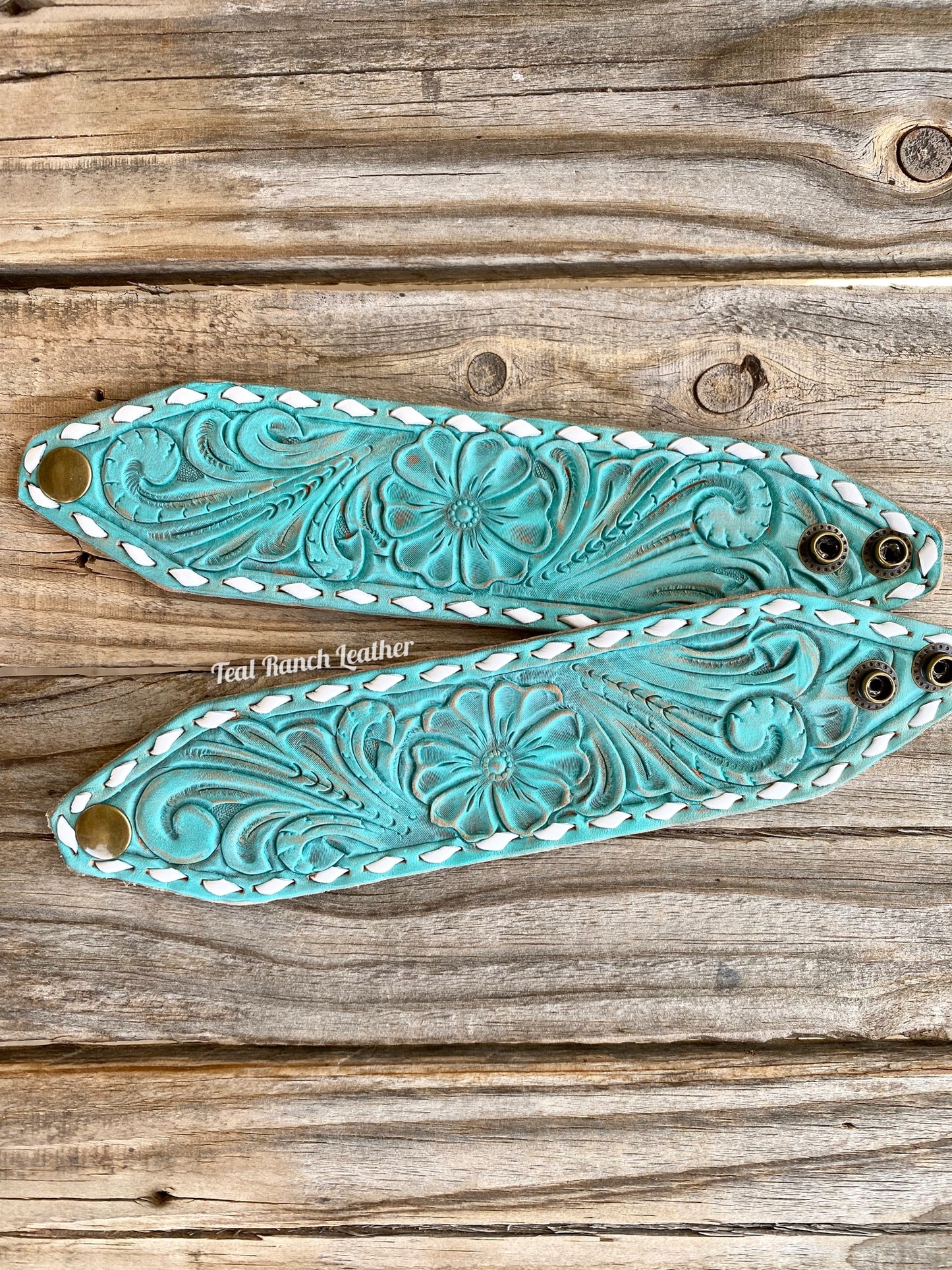 Tooled Leather Cuffs- Antique Turquoise