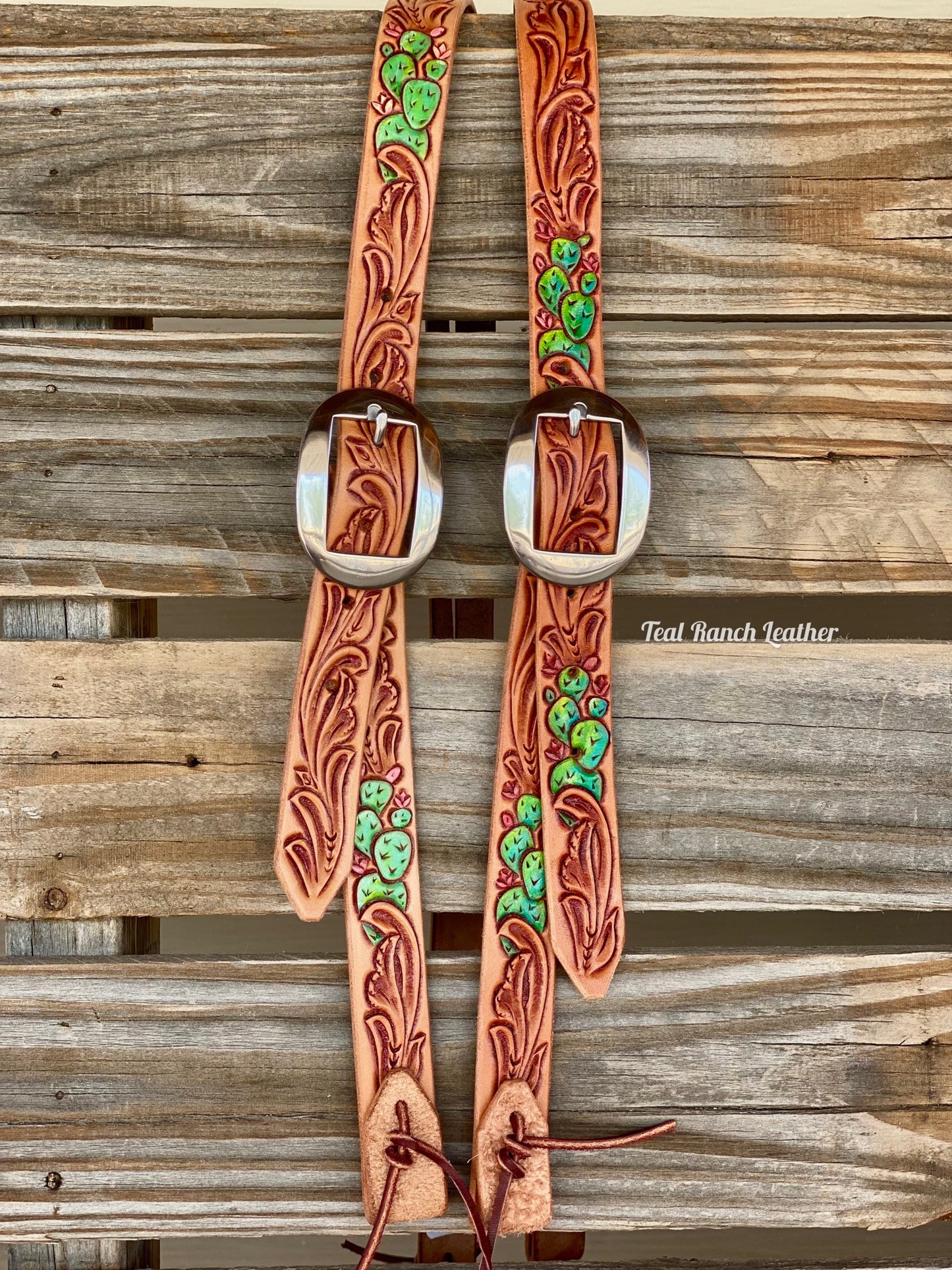 Tooled leather headstall with cactus