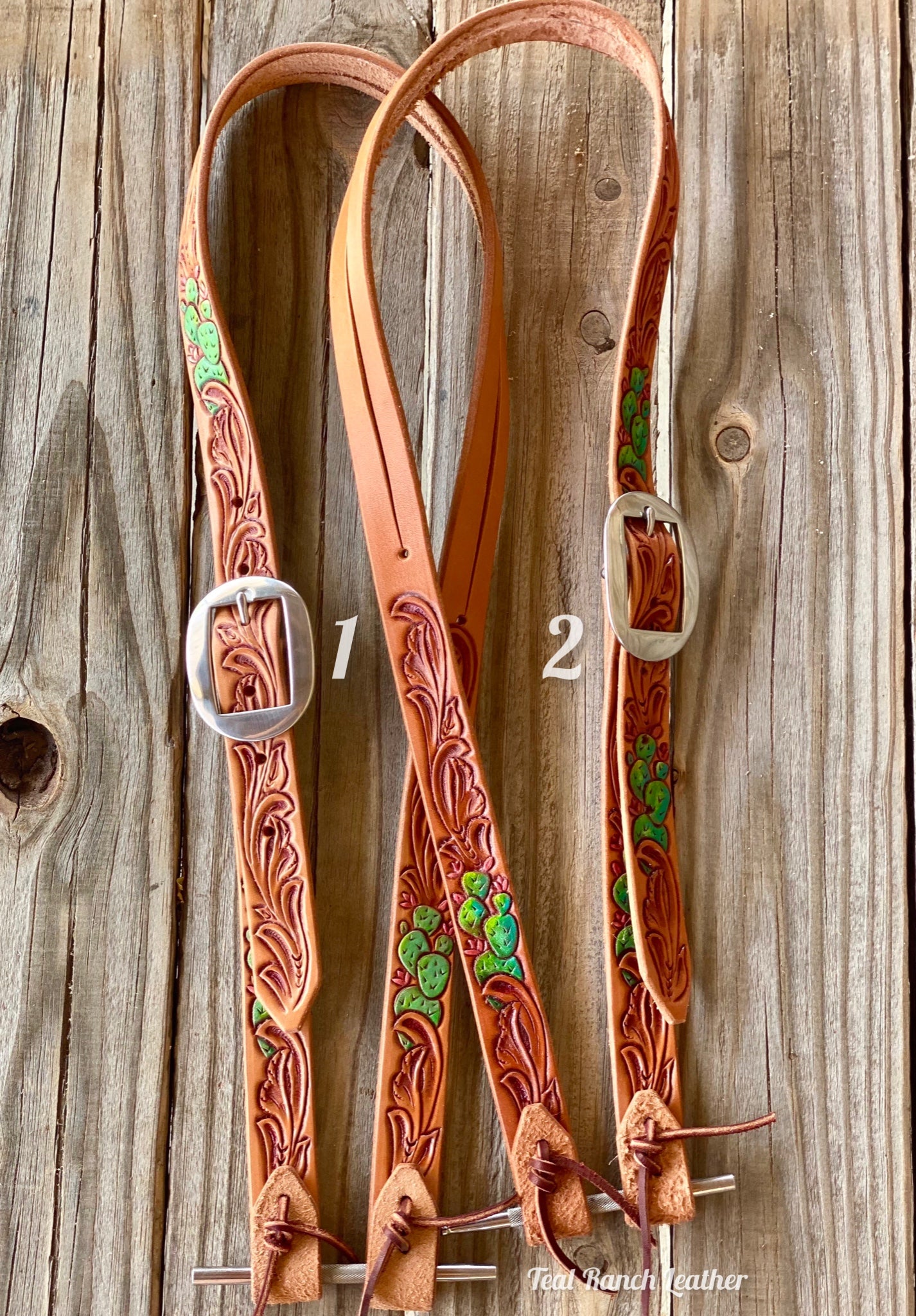 Tooled leather headstall with cactus