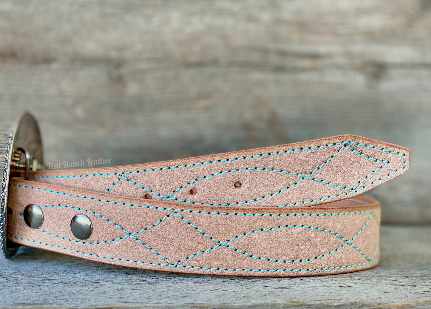 Teal boot stitched rough out belt- made to order