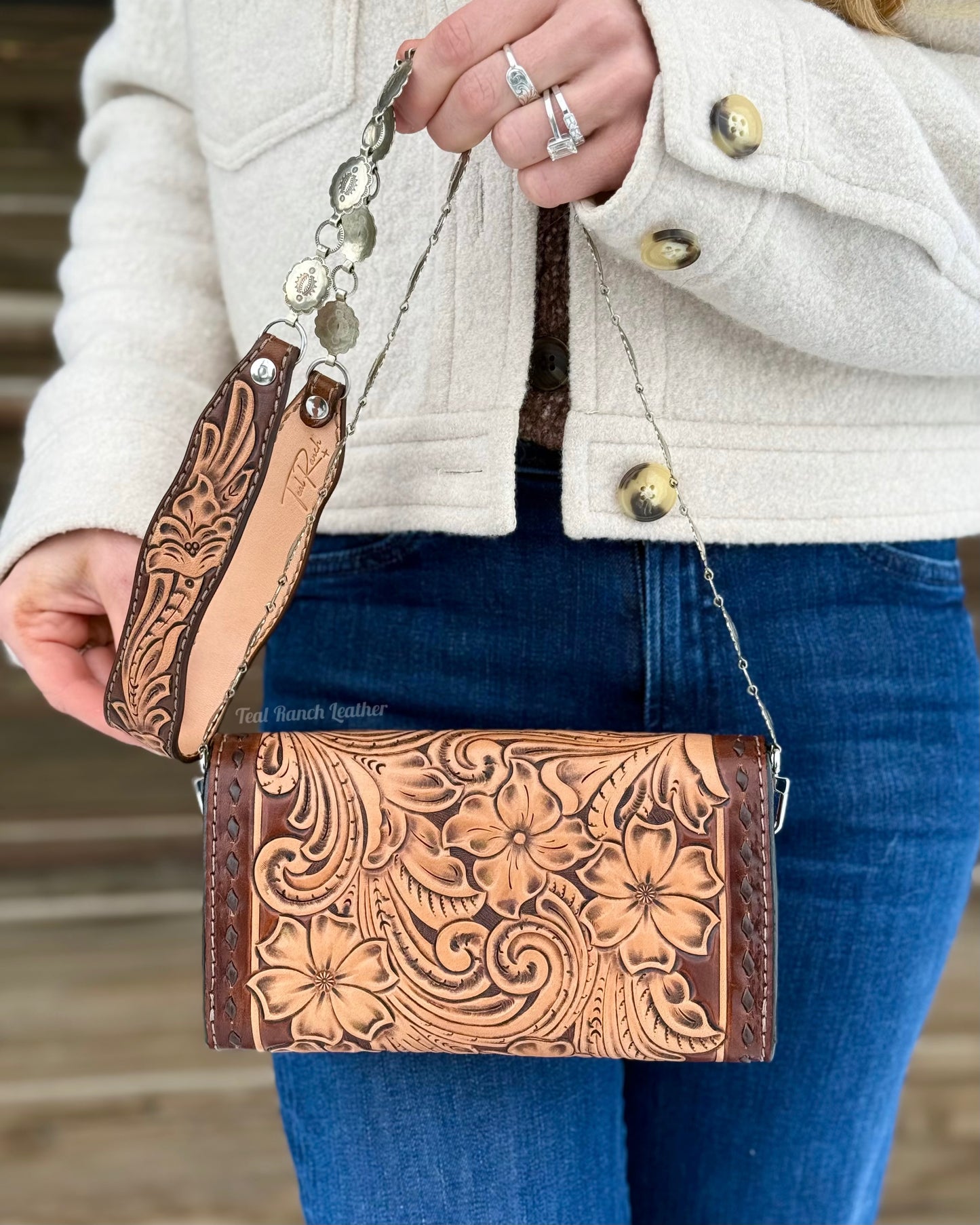 Small tooled leather cross body purse- Dark brown