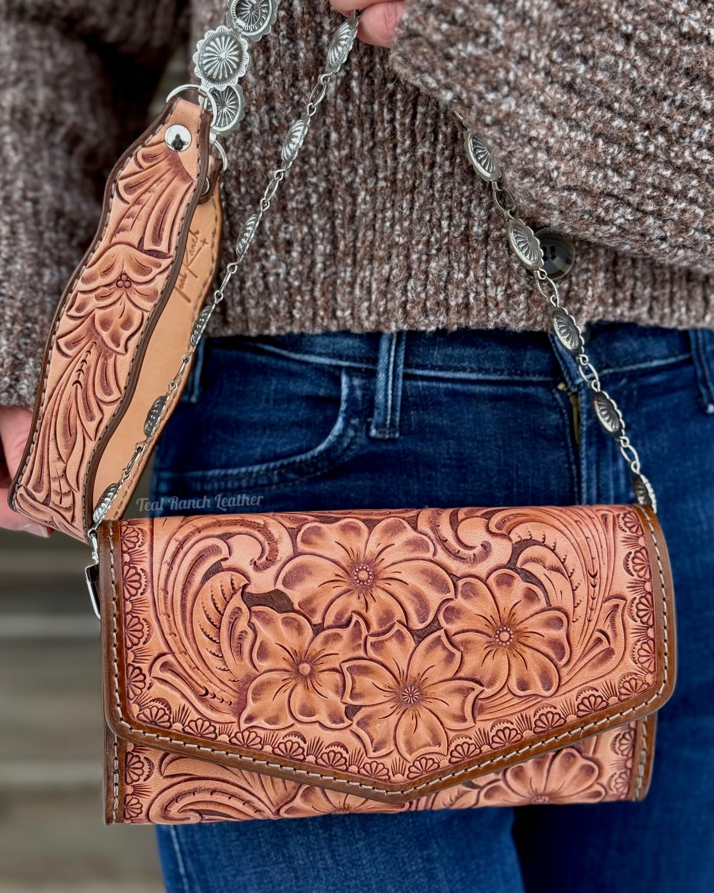 Small tooled leather cross body purse- Light brown