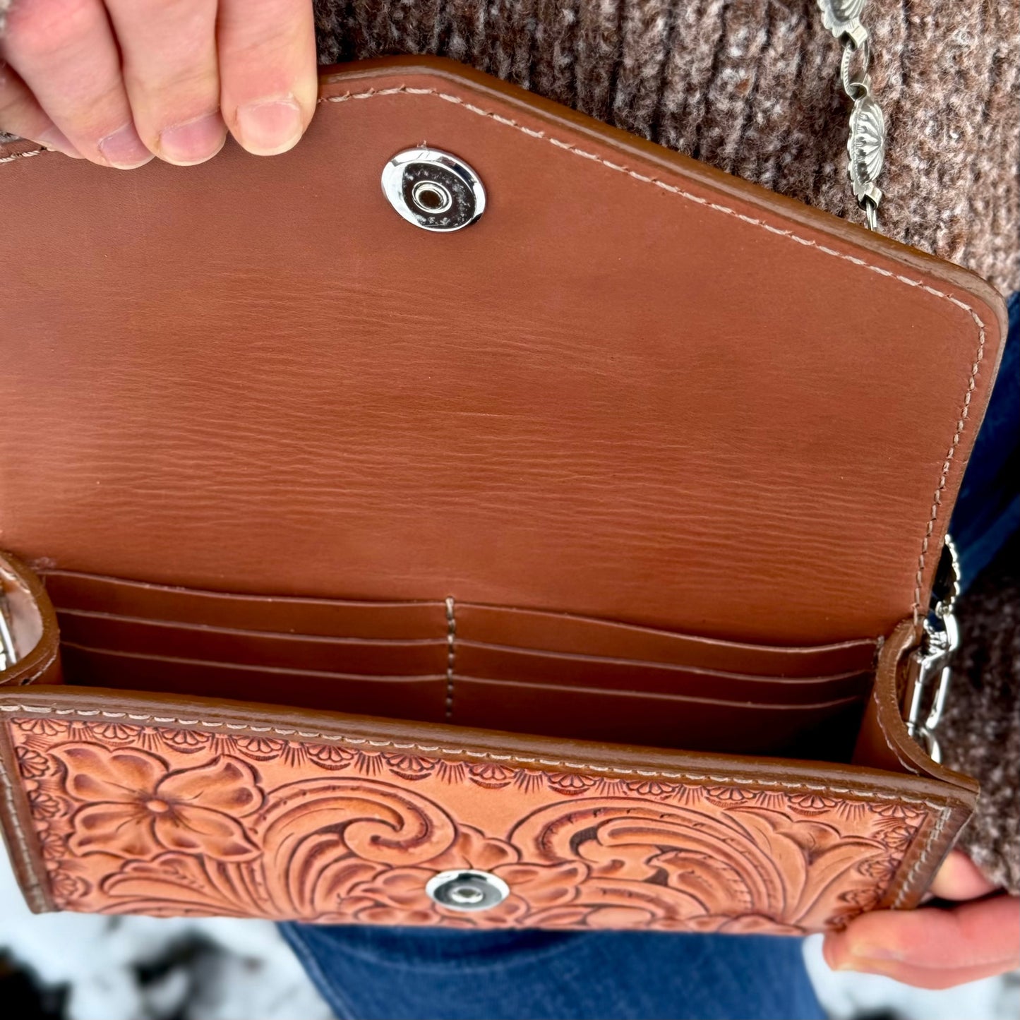 Small tooled leather cross body purse- Light brown