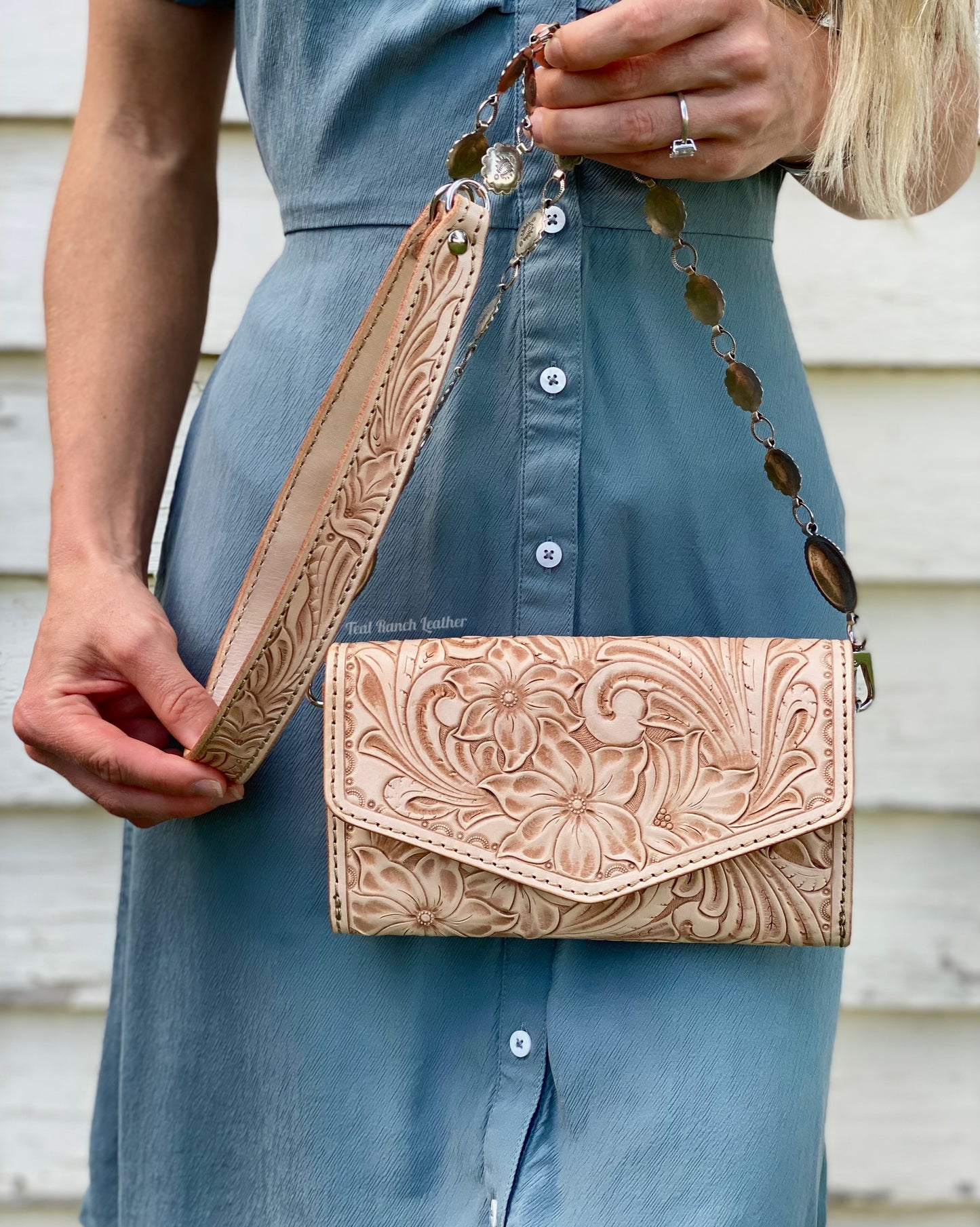 Small light leather tooled concho purse